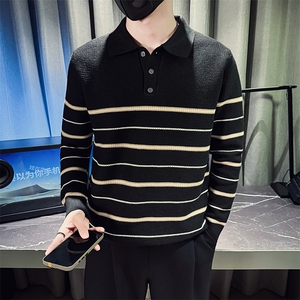 M93017-P68控98  秋冬季POLO领毛衣男潮流条纹时尚POLO领毛针织衫图片