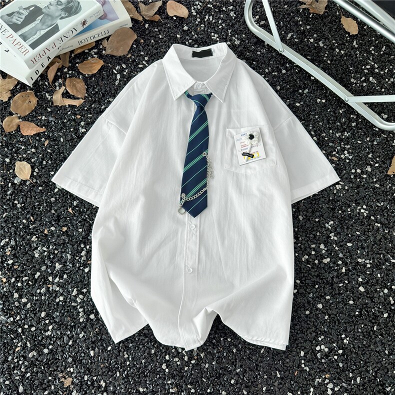 日系短袖情侣白衬衫夏季宽松学院风男JK衬衣1008-C800-p43送领带,男装T恤,星座1008-1