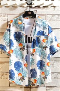 2021夏季新日系大码男白砖墙沙滩情侣休闲短袖印花衬衫C3033-P35图片