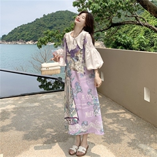 印花套装女夏季2026新款法式娃娃领衬衫蕾丝刺绣领口吊带裙两，女装连衣裙，艾米莉亚