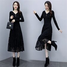 2023秋季新款V领针织3颗扣线衣配蕾丝长款打底连衣裙，女装连衣裙，安之芮娜