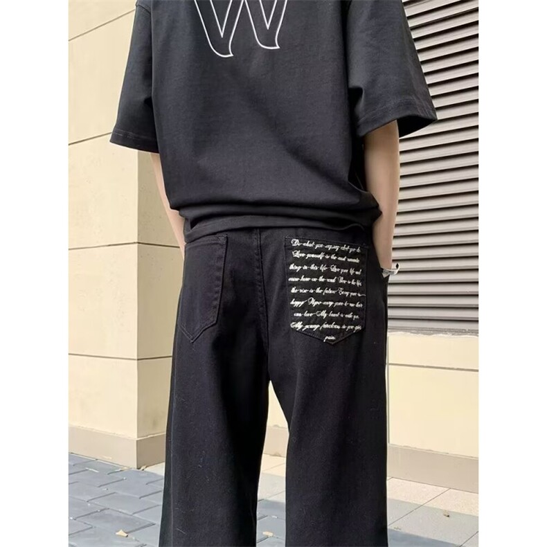 网图黑色新中式轻风刺绣牛仔裤男微喇阔腿裤K8597-P55,男装牛仔裤,星座1001-1
