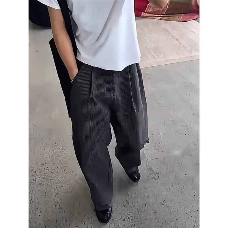 夏季格纹TR混纺立体剪裁A字版型双褶阔腿休闲可调节腰头通勤长裤,男装休闲裤,星座506A