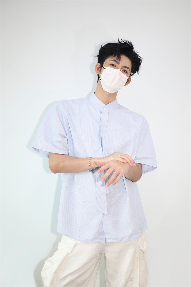 明星私服学院风条纹衬衫搭配可拆卸领带英伦风条纹打底衬衫P38,男装衬衫,电商B319