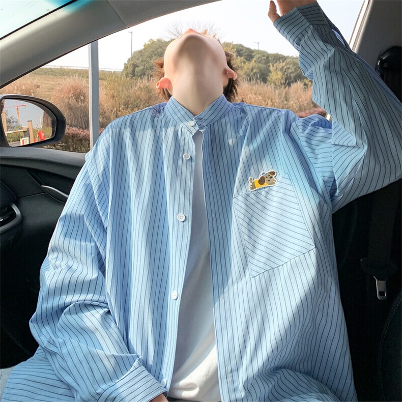 2025春季新款港风外景大码条纹立领长袖衬M-5XHC25076-特P35，男装衬衫，电商A022