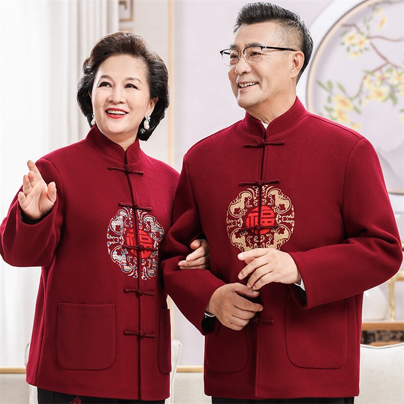 情侣装羊毛呢中老年加绒唐装外套男士风复古新中式双面呢唐装,男装民族服装,钱塘723