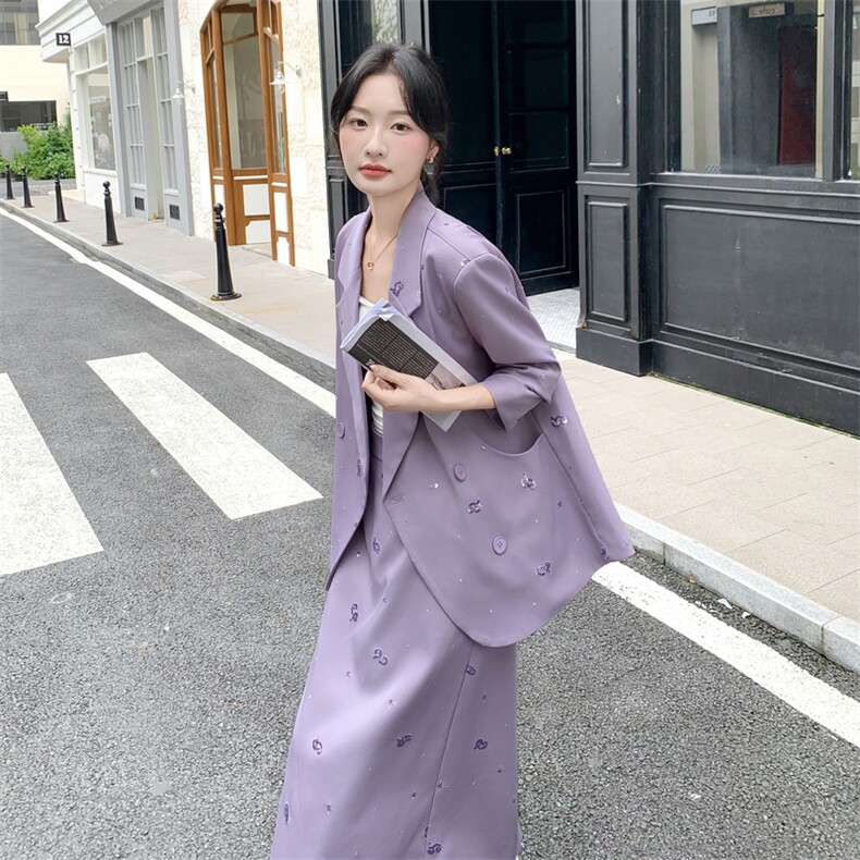 超好看紫色西装套装女2025秋季新款少女感小清新西服半身裙两件套,女装套装/套裙,2C176
