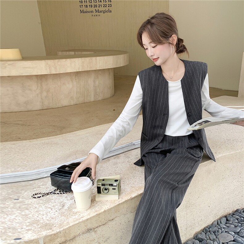 灰色条纹西装马甲套装裤2025新款女秋老钱风好韩系chic别致三件套,女装套装/套裙,2C262
