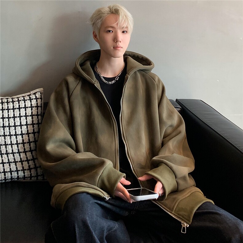 360克脏脏外套男春秋2024新款复古做旧连帽开衫夹克上衣JK91-P78,男装夹克,电商C307
