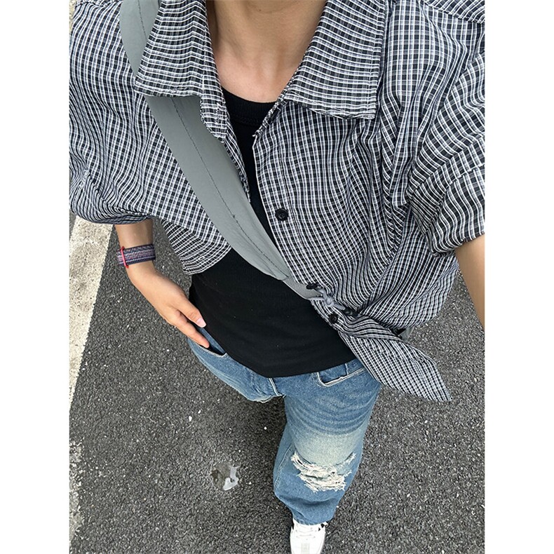 格子衬衫春夏美式短袖衬衫港风情侣装休闲衬衣CS286-P30,男装T恤,星座301C-5