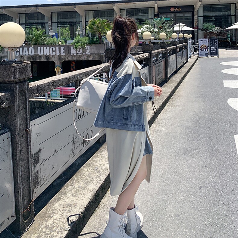 韩系工装牛仔拼接风衣外套女春秋2025新款超火好看中长款夹克大衣,女装风衣,2C292