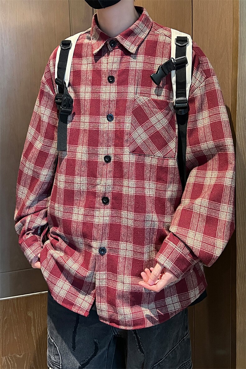8XL-M格子衬衫男长袖秋季美式复古潮宽松衬衣外套CS516P55控78,男装衬衫,电商D206-1