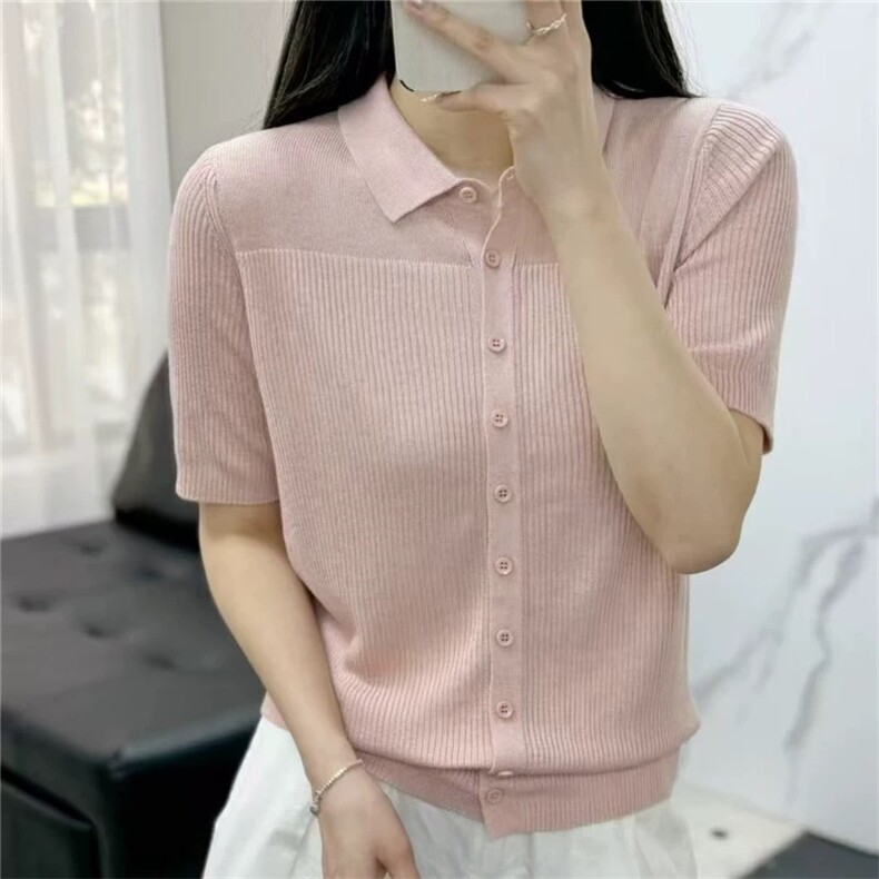 POLO翻领短袖针织衫女2025春季新款开衫短款上衣T恤细羊毛单排扣图片