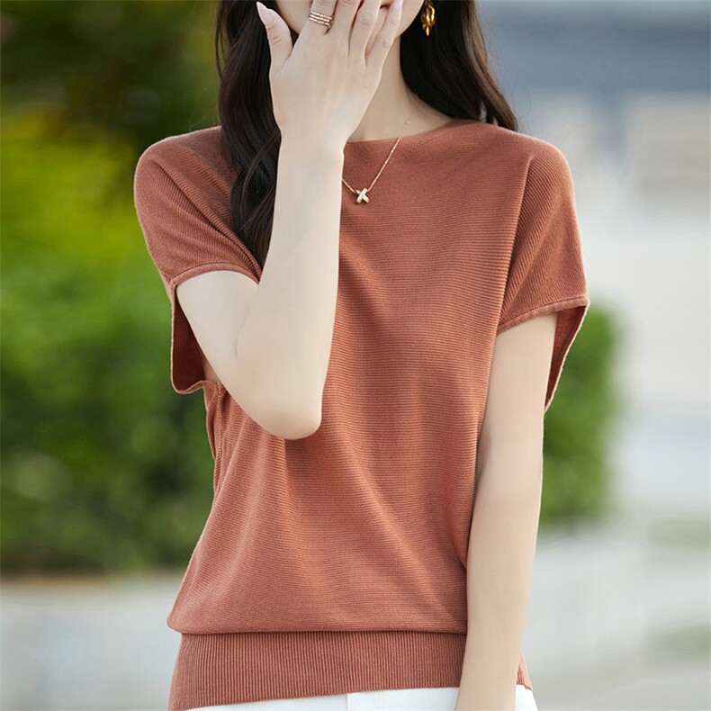 夏季薄款莱赛尔天丝针织衫短袖女圆领冰丝上衣宽松半袖T恤打底衫,针织衫/毛衣,佳绒包芯纱店