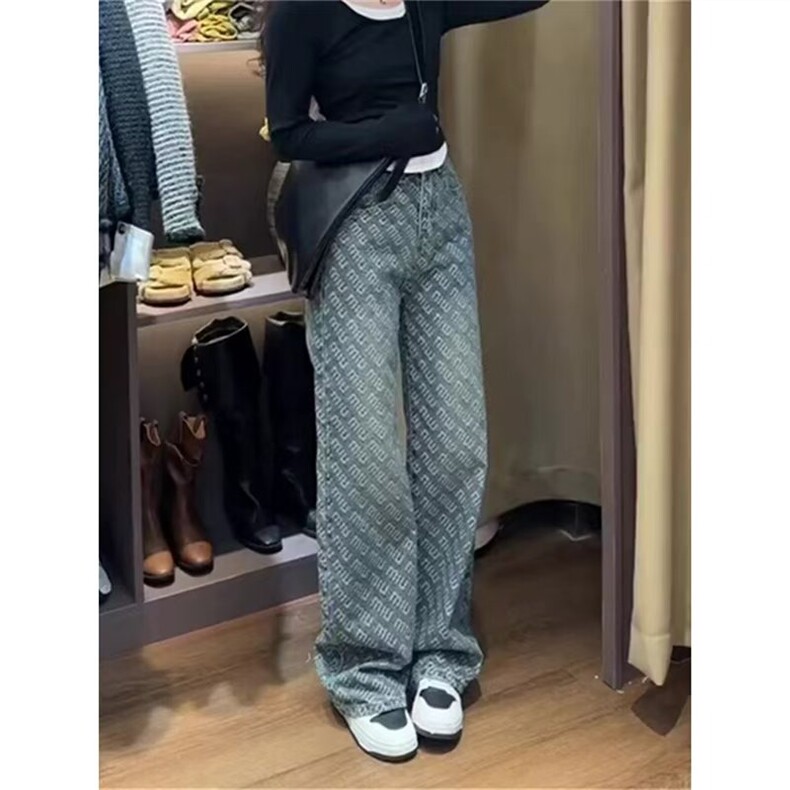 欧货miu满印提花字母牛仔裤女秋冬高级感小众美式辣妹窄版直筒裤,男装牛仔裤,星座1210-1