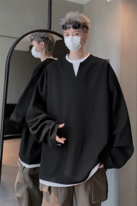 秋季假两件肌理感V领卫衣重磅设计感长袖T恤男C213-7856-特P25图片