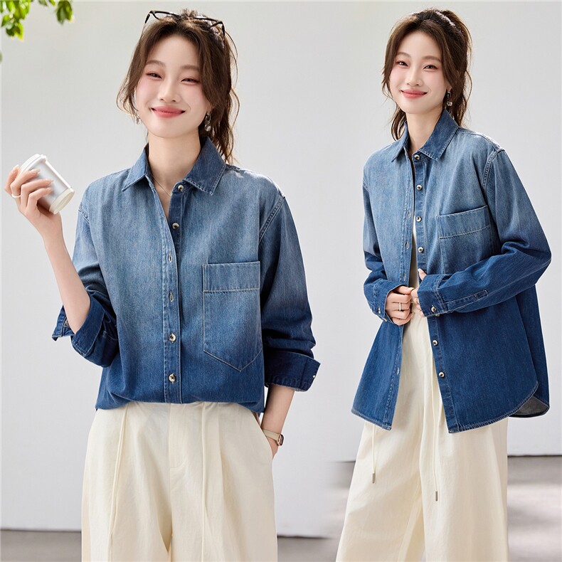 2026年春季新款时尚渐变色单口袋牛仔衬衫女宽松长袖翻领外套衬衣，女装衬衫，艾米