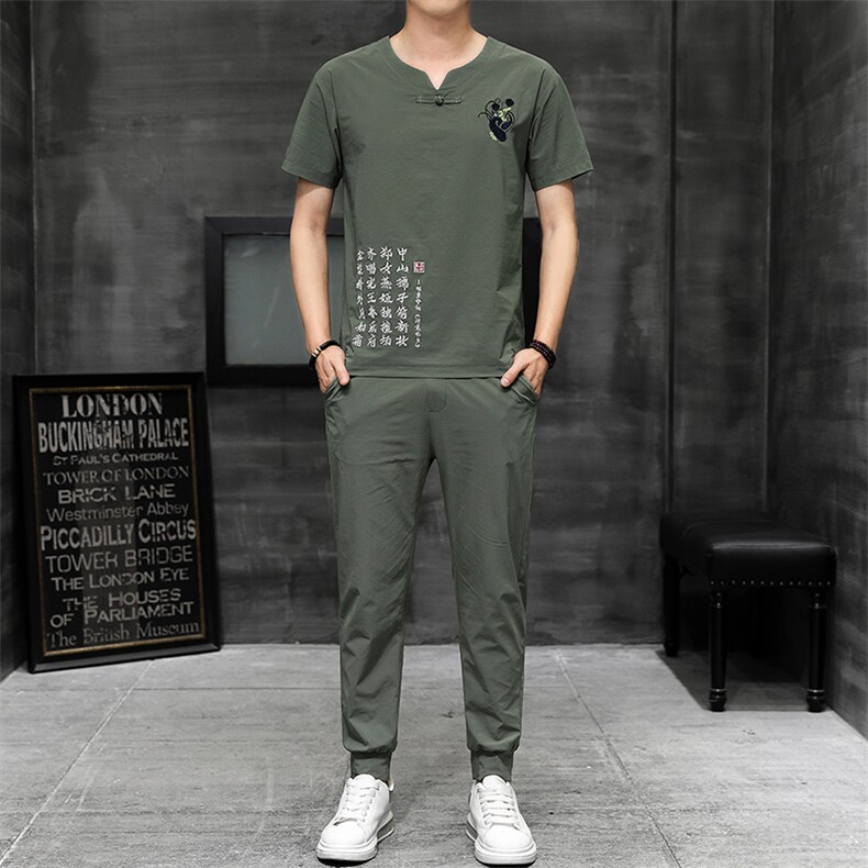 风刺绣短袖T恤套装男士大码宽松长裤男休闲复古潮HO15332-P58,男装休闲套装,星座1105-3