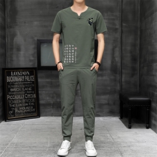 风刺绣短袖T恤套装男士大码宽松长裤男休闲复古潮HO15332-P58，男装休闲套装，星座1105-3