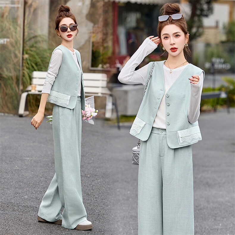 短裤套装女夏2025新款小个子韩系穿搭时尚蕾丝花边洋气休闲三件套，女装套装/套裙，玖莱伊