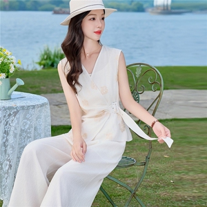 （新款现货）2026夏装时尚刺绣不对称上衣+阔腿裤棉麻套装两件套图片