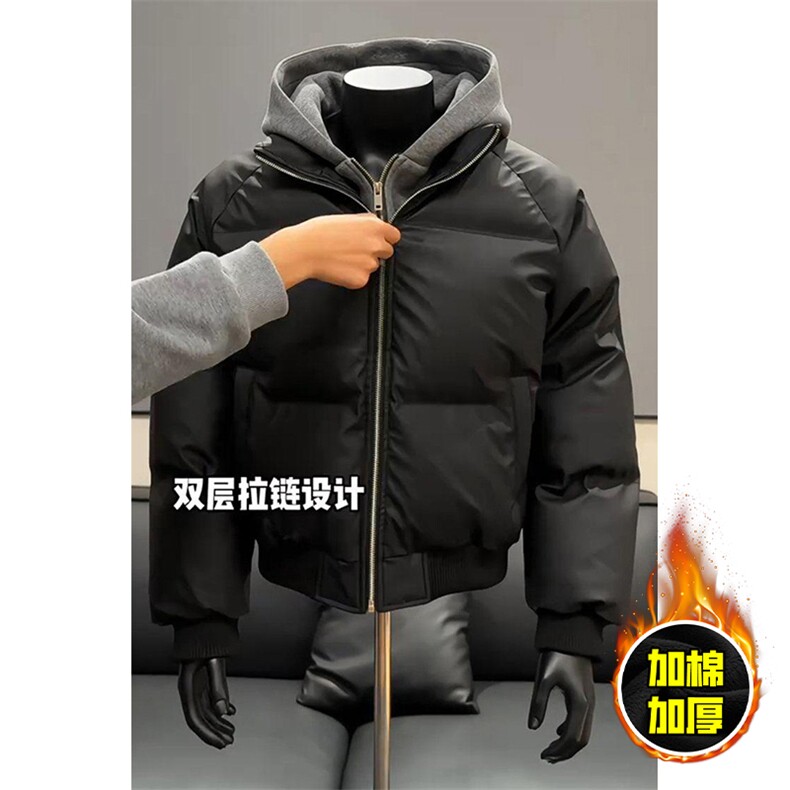 现货高品质重磅工艺美式高街假两件PU皮棉衣男女加厚棉服外套,男装棉衣,电商A443