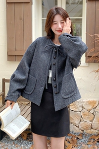 高级小众韩版系带圆领亮片毛呢外套女秋冬超火好看加厚短夹克上衣图片