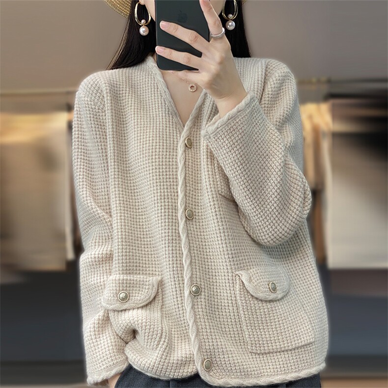 小香风v领针织开衫女秋冬新款流行软糯毛衣外套慵懒外搭,女装羊毛衫,恩泰羊绒