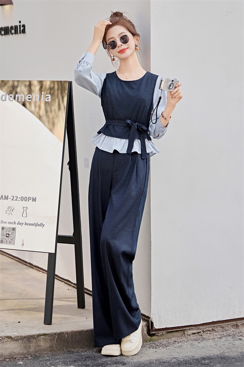 蓝色小香风时尚套装女春2026新款高级感休闲名人阔腿裤穿搭两件套,女装套装/套裙,意芙
