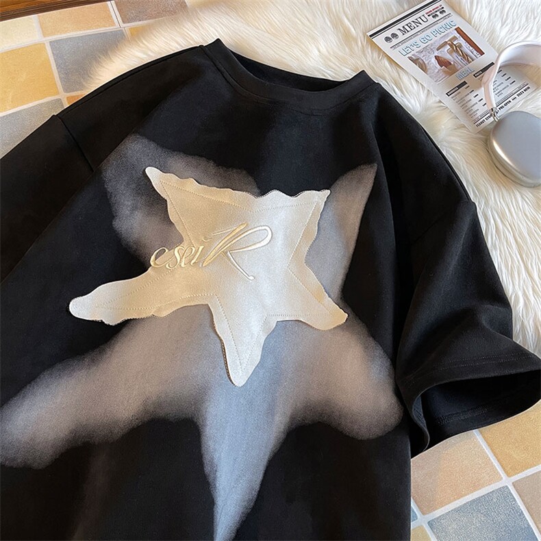 贴补绣夏装圆领短袖设计感麂皮绒印花T恤T40P40，男装T恤，电商A458A