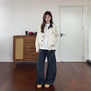 美式设计感翻领工装外套复古学院风宽松夹克上衣图片