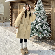 黄色羊羔毛厚外套女秋冬2025新款韩系宽松中长款皮毛一体毛绒大衣，女装皮草，2C159