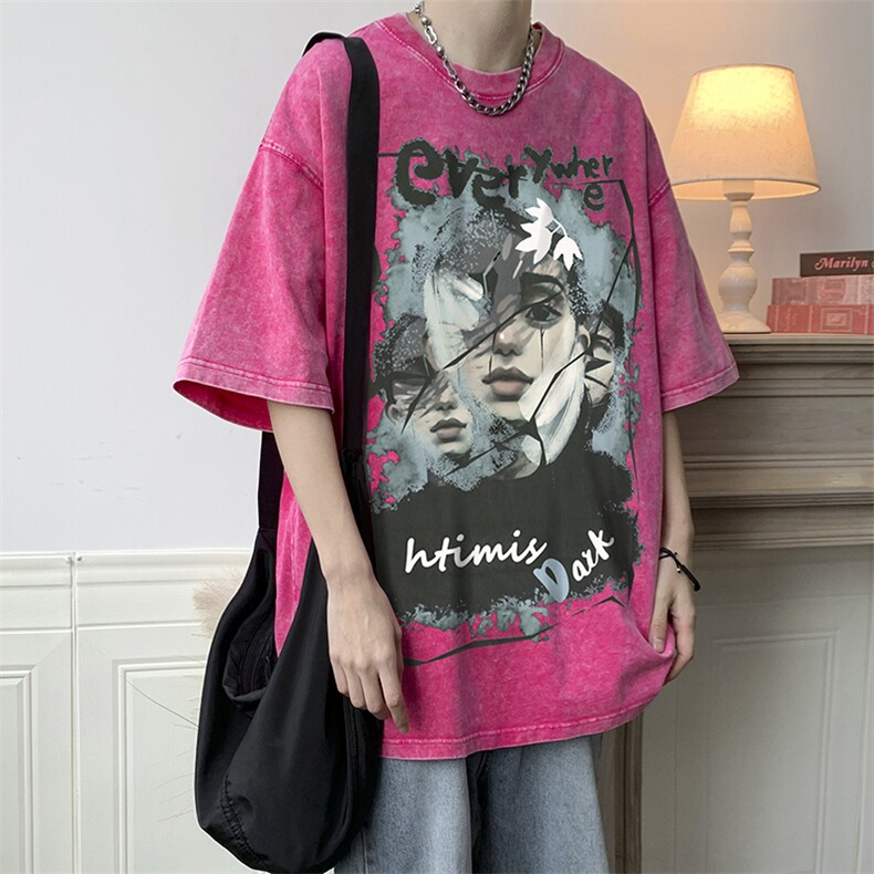 美式复古做旧水洗人物卡通印花宽松落肩短袖T恤男女上衣-T555-P38，男装T恤，电商B289