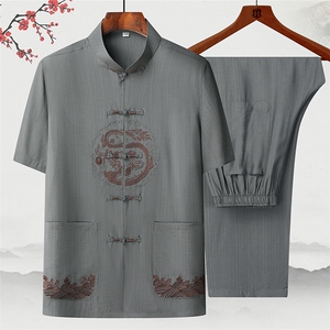 2025夏季薄款高端风棉麻绣花短袖衬衫唐装汉服套装2312-P95图片