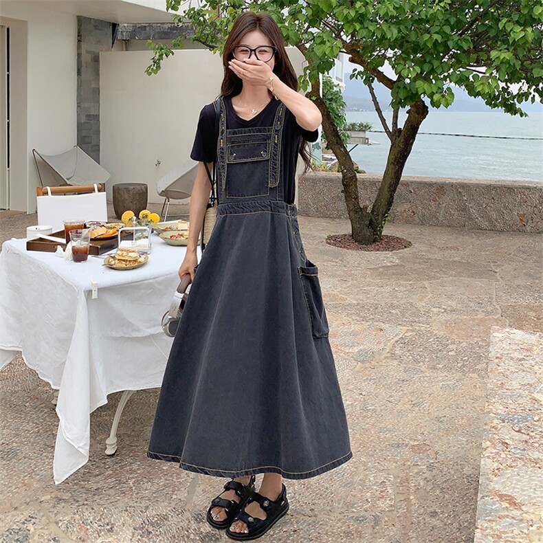 灰色复古牛仔背带连衣裙T恤两件套女夏季2025新款宽松休闲吊带裙,女装套装/套裙,2C085