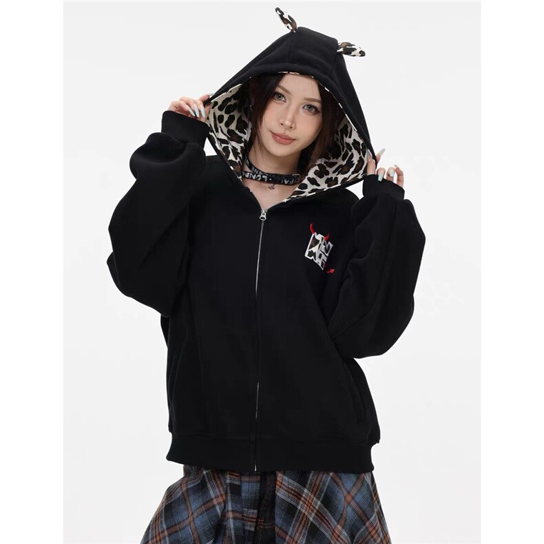1506A/GLH880/P54美式复古小恶魔豹纹连帽拉链卫衣图片