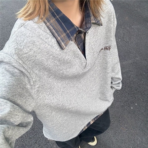 假两件拼接衬衫领卫衣男女秋冬季美式复古长袖t恤学院风情侣外套图片
