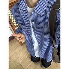 格子衬衫春夏美式蓝色格子衬衫港风情侣装休闲长袖衬衣CS276-P35，男装衬衫，星座301C-5
