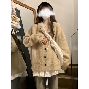 韩版学院风小个子软糯翻领开衫毛衣女学生秋冬宽松保暖针织衫外套图片