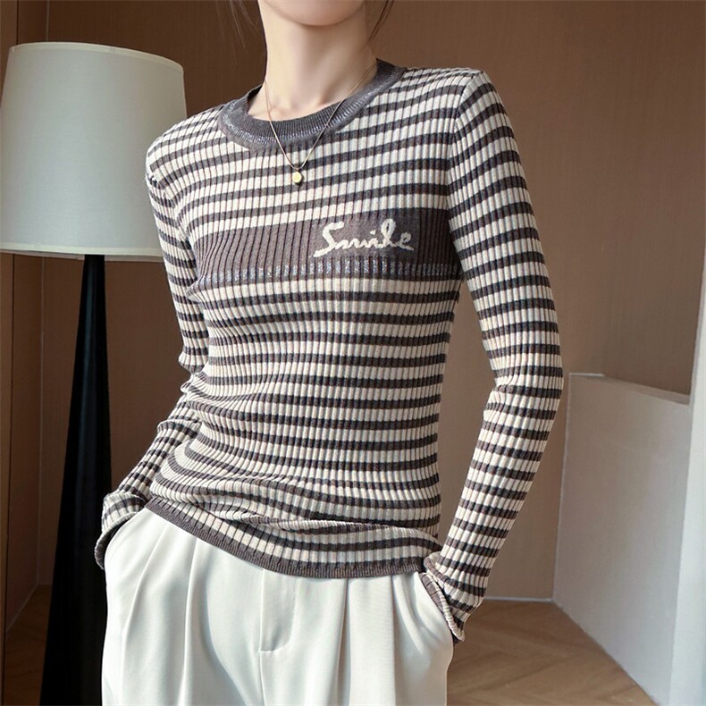 2024年秋季长袖套头羊毛条纹针织衫简约百搭，女装羊毛衫，庆大羊绒