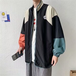 男秋季外套潮牌街头双层撞色拼接夹克HY33P55,卡其色格子半身裙子最佳搭配图片