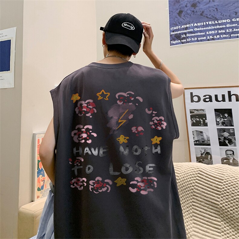 直播品质重磅纯棉220克美式印花宽松背心男女无袖t恤潮BX323P25,男装T恤,电商A486
