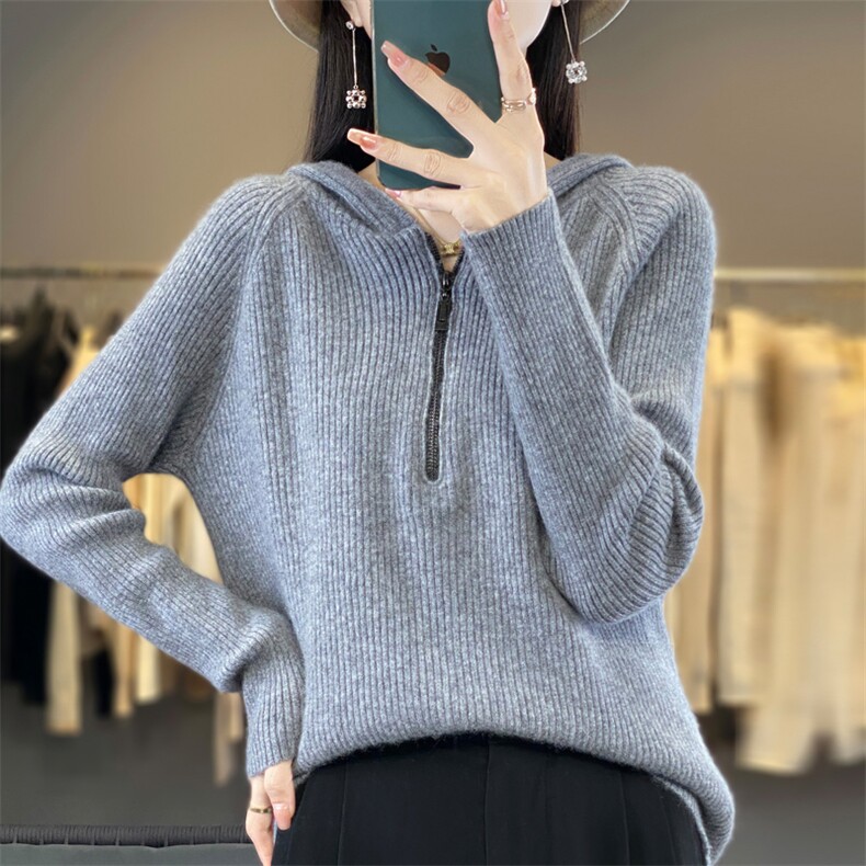半开领拉链100%纯羊毛帽衫女秋冬新款坑条毛衣连帽羊绒衫针织卫衣图片