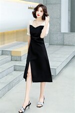 2021年夏季新款气质修身显瘦方领短袖中长款开叉拼色连衣裙，女装连衣裙，盈茜