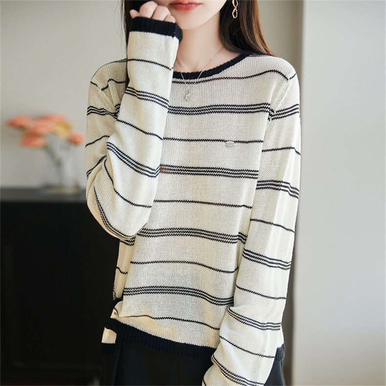 法式撞色条纹长袖针织衫女2025新款洋气内搭打底衫保暖毛衣上衣潮，女装针织衫/毛衣，菲奥羊绒