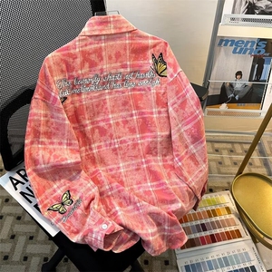 蝴蝶刺绣格纹衬衫男女春秋新款潮牌宽松外套翻领衬衣LS144 P47图片