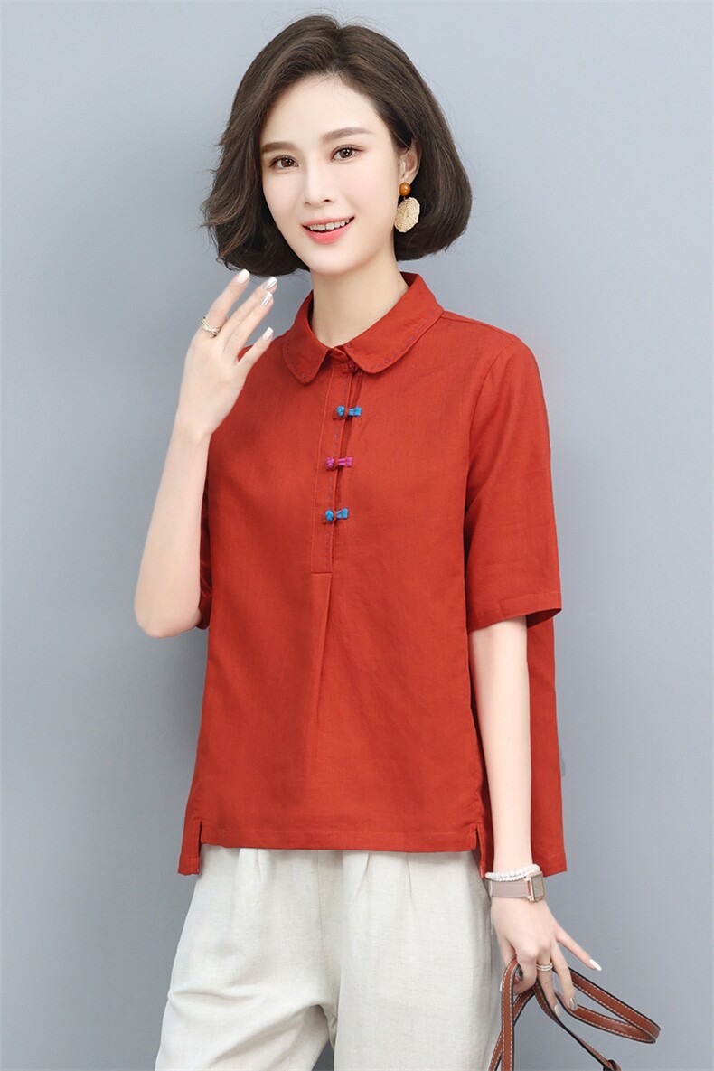 (新款)棉麻T恤小衫夏女2024中老年妈妈装复古亚麻休闲三年不下架,女装T恤,璐依舞