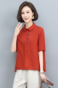 (新款)棉麻T恤小衫夏女2024中老年妈妈装复古亚麻休闲三年不下架图片