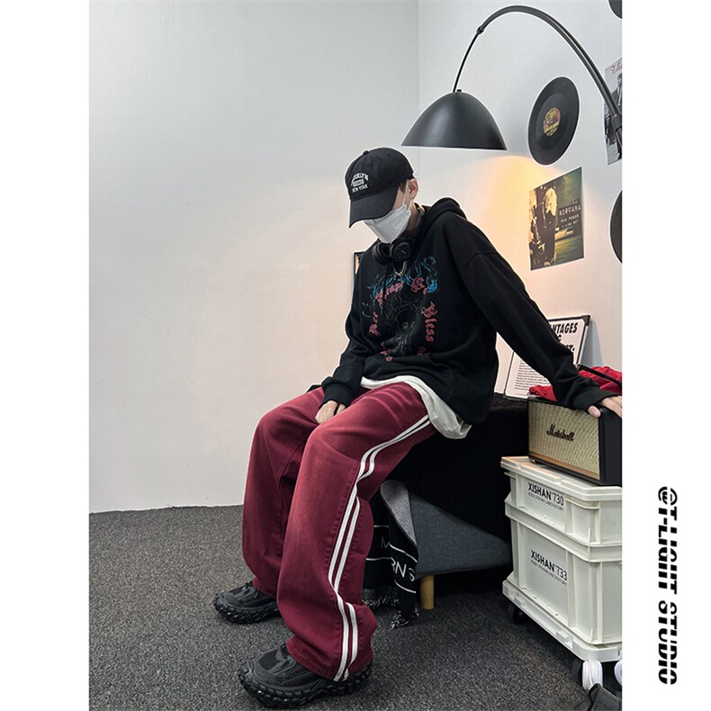B221美式ins高街小众宽松三条杠运动牛仔裤LK23139-P65控88,男装牛仔裤,电商B221