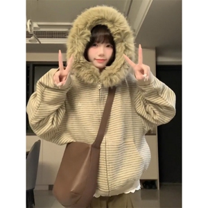 网图美式复古条纹毛领连帽卫衣外套女秋季休闲宽松开衫上衣特P79
